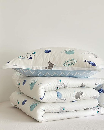 Joyreap 3pcs Premium Cotton Comforter Set for Kids Boys n Girls, Vibrant Ocean Theme Starfish Whale Crab Printed, Skin-friendly Breathable Bedding Comforter for All Season (Full/Queen, 88x88 inches) - LeafyLoom