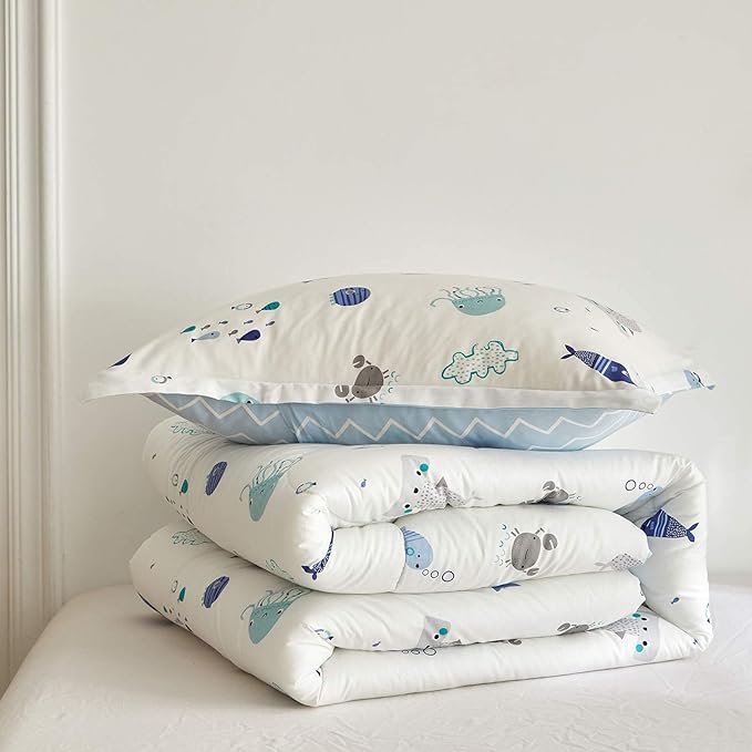 Joyreap 3pcs Premium Cotton Comforter Set for Kids Boys n Girls, Vibrant Ocean Theme Starfish Whale Crab Printed, Skin-friendly Breathable Bedding Comforter for All Season (Full/Queen, 88x88 inches) - LeafyLoom