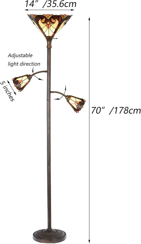 Bieye L10839 Baroque Tiffany Style Stained Glass Torchiere Floor Lamp with Sidelights for Reading, 70-inches Tall (Baroque, Brown) - LeafyLoom
