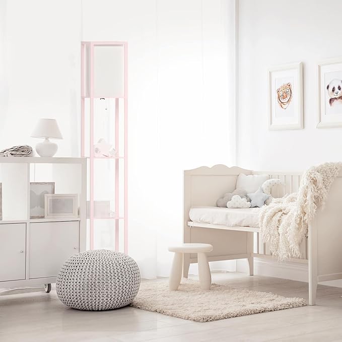 Simple Designs LF1014-LPK-2PK Three Shelf Etagere Organizer Storage Floor Lamp 2 Pack Set with White Linen Shade for Living Room, Bedroom, Office, Hallway, Light Pink - LeafyLoom