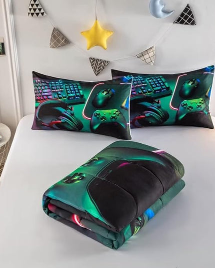 Gamer Comforter Sets for Teen Boys,Gaming Bedding Sets Full,Video Game Bedspread,Game Gamepad Bed Set,Controller Bedding Gamer Home Decor 3 Piece 1 Comforter and 2 Pillowcases - LeafyLoom