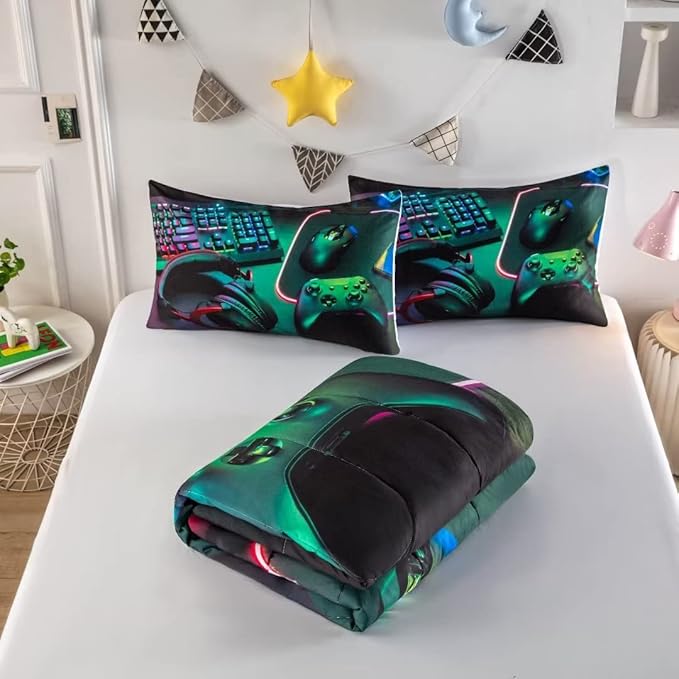 Gamer Comforter Sets for Teen Boys,Gaming Bedding Sets Full,Video Game Bedspread,Game Gamepad Bed Set,Controller Bedding Gamer Home Decor 3 Piece 1 Comforter and 2 Pillowcases - LeafyLoom