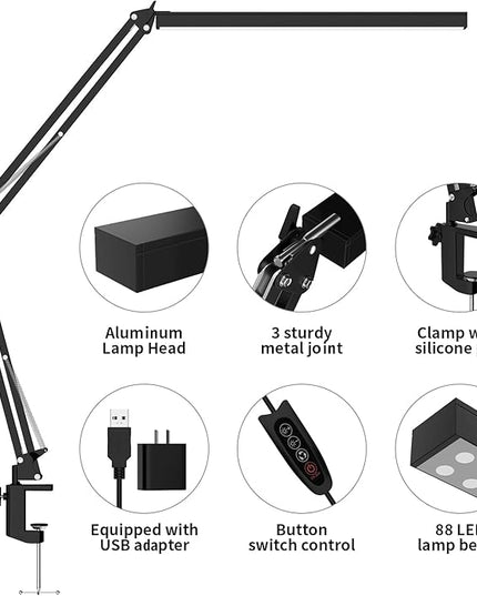 LED Desk Lamp, Manicure Table Lamp, Eye-Caring Drafting Light, Dimmable Office Table Lamp with 3 Color Modes, 10 Brightness Levels & Adapter, Memory Function(Black) - LeafyLoom