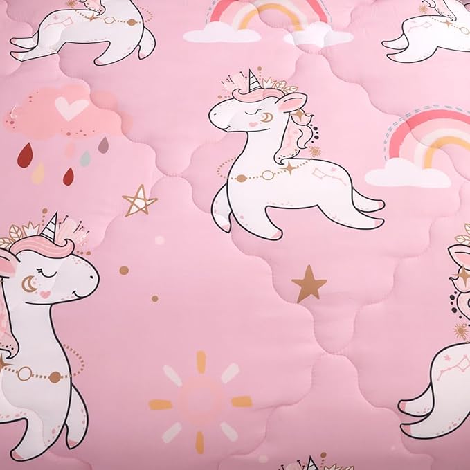 Wajade Kids Pink Unicorn Comforter Set Bed in A Bag Full Size 7 Piece Cute Unicorn Rainbow Clouds Bedding Set for Girls (1 Comforter, 1 Flat Sheet, 1 Fitted Sheet, 2 Pillowcase and 2 Pillow Sham) - LeafyLoom