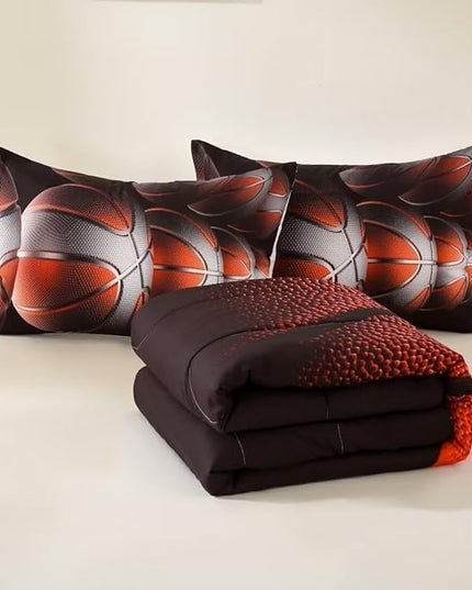 Teens Boys Sports Comforter Set Full,Basketball Bedding Set for Kids,Sports Orange Basketball Comforter Sets,Black Teenage Boy Bedroom Bed Set 3 Pieces with Pillowcases - LeafyLoom