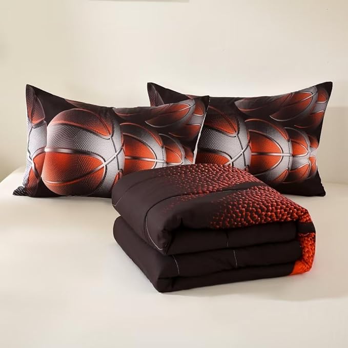 Teens Boys Sports Comforter Set Full,Basketball Bedding Set for Kids,Sports Orange Basketball Comforter Sets,Black Teenage Boy Bedroom Bed Set 3 Pieces with Pillowcases - LeafyLoom