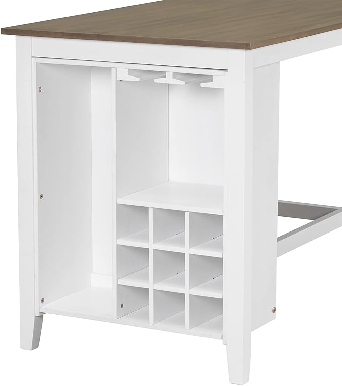 5-Piece Wooden Counter Height Dining Set, Multi-Functional Rubber Wood Table with Padded Chairs and Integrated 9 Bar Wine Compartment, Wineglass Holders for Home, Brown + White Wash - LeafyLoom