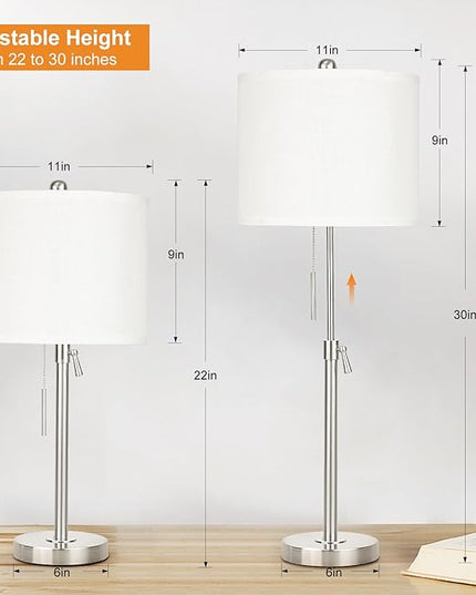 Brushed Nickel Table Lamps Set of 2: 22" to 30" Height Adjustable Nightstand Lamps with White Linen Shade | Pull Chain Switch | Silver Pole Beside Lamp for Living Room Bedroom - LeafyLoom