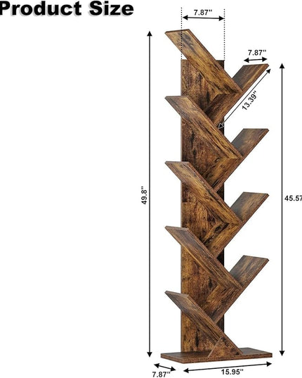 Function Home 9 Tier Tree Bookshelf, Modern Tall Geometric Bookcase, Freestanding Book Shelf, Wood Floor Storage Shelf for Living Room, Bedroom, Home Office,Rustic Brown - LeafyLoom