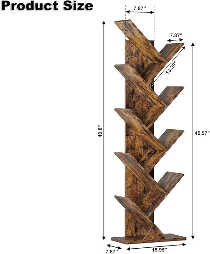 Function Home 9 Tier Tree Bookshelf, Modern Tall Geometric Bookcase, Freestanding Book Shelf, Wood Floor Storage Shelf for Living Room, Bedroom, Home Office,Rustic Brown - LeafyLoom