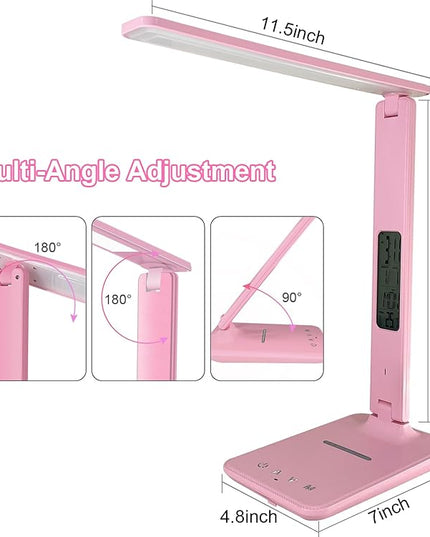 Desk Lamp with Wireless Charger, USB Charging Port, Dimmable Office Desk Light with Clock, Alarm, Date, Temperature, Foldable Lamp for Table Bedroom Bedside Office (Pink) - LeafyLoom