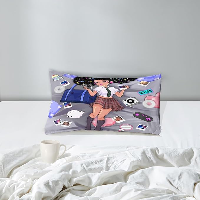 Black Girl Comforter Set - Twin Comforter Set for Girls - African American Comforter Sets for Girls Kids Comforter Sets for Girls Bedroom Decor 2 Piece Pretty Black Girl Bedding Set with 1 Pillowcase - LeafyLoom