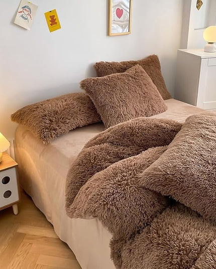 Faux Fur Kids Girls Coffee Comforter Sets Queen - 3PC Bed Set Warm Comfortable Soft Plush Flannel Velvet Fluffy Fuzzy Bedding（Comforter x 1 Pillowcases x 2） - LeafyLoom