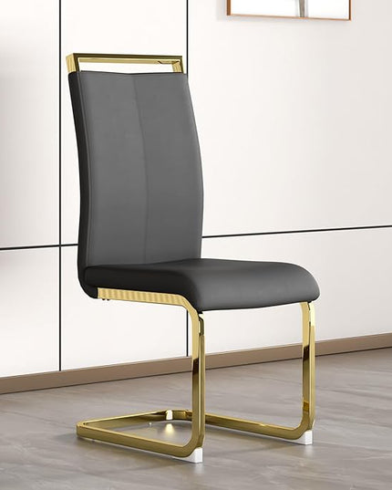 Modern Dining Chairs Set of 2, Side Dining Room Chairs with Gold Frame, Kitchen Chairs with Faux Leather Padded Seat High Back, Chairs for Dining Room, Kitchen, Living Room Dark Grey - LeafyLoom