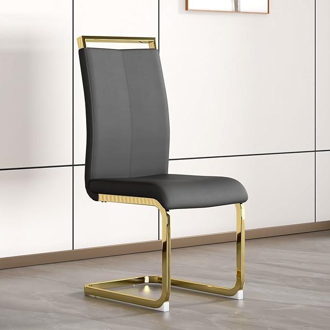 Modern Dining Chairs Set of 2, Side Dining Room Chairs with Gold Frame, Kitchen Chairs with Faux Leather Padded Seat High Back, Chairs for Dining Room, Kitchen, Living Room Dark Grey - LeafyLoom
