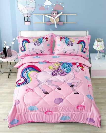 Wowelife Unicorn Bedding Set Twin for Girls Comforter Set Twin 5 Pieces Pink Bedding Set for Girls Rainbow Cloud Unicorn Bed Set Twin Kids Bed in a Bag with Sheets, Super Breathable Soft - LeafyLoom