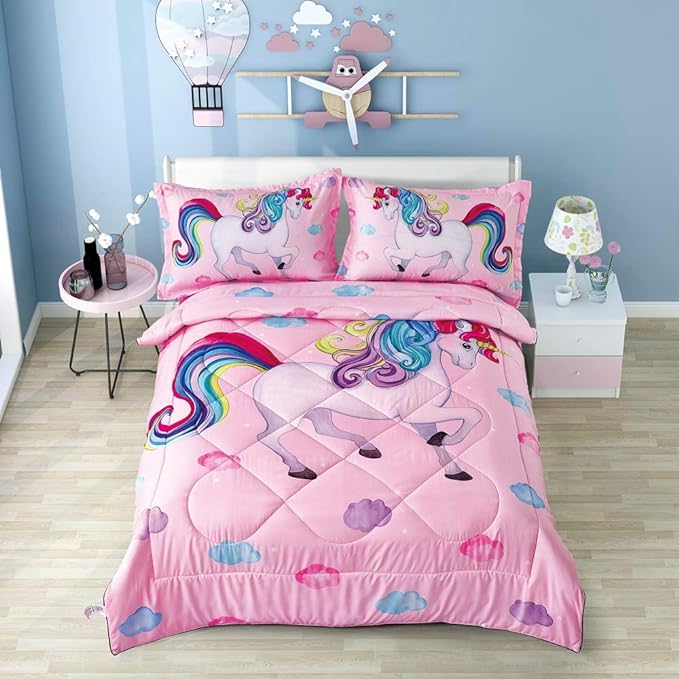 Wowelife Unicorn Full Size Bedding Set 5 Pieces Unicorn Comforter Set Pink 3D Kids Comforter Sets Breathable with Comforter, Flat Sheet, Fitted Sheet and 2 Pillowcases - LeafyLoom