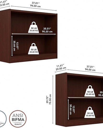 Bush Furniture Universal Small 2 Shelf Bookcase in Vogue Cherry - Set of 2, Matching Storage and Display Bookshelves for Home Office or Living Room Organization - LeafyLoom