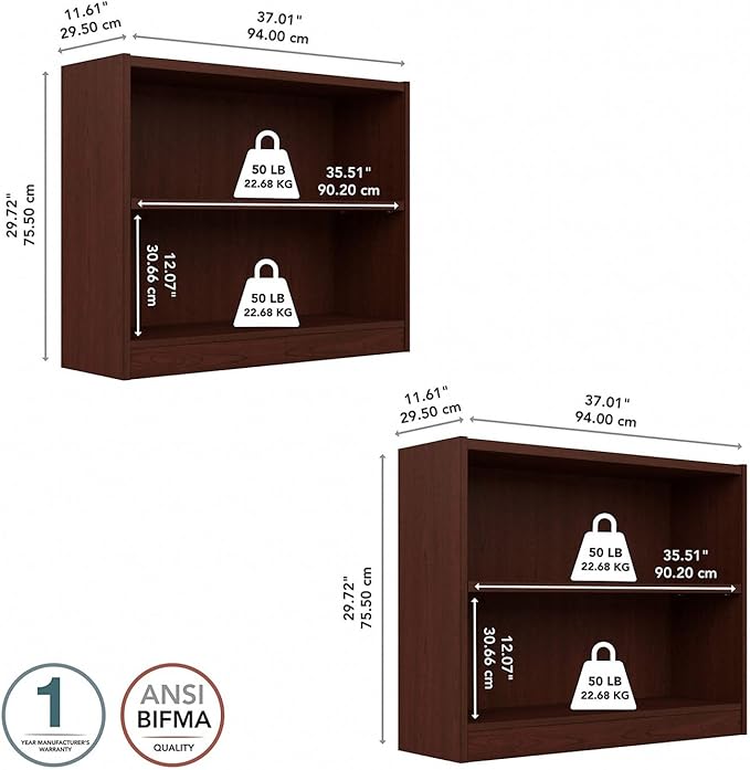 Bush Furniture Universal Small 2 Shelf Bookcase in Vogue Cherry - Set of 2, Matching Storage and Display Bookshelves for Home Office or Living Room Organization - LeafyLoom