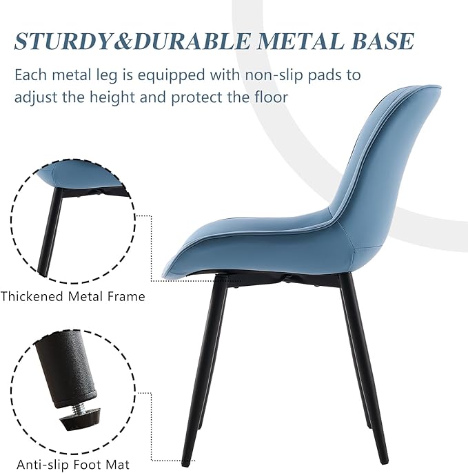 YOUNIKE Blue Dining Chairs set of 2 with High Backs Mid Century Modern Kitchen & Dining Room Chairs PU Faux Leather Upholstered sillas de comedor Comfortable Large Padded Accent Chairs with Metal Legs - LeafyLoom