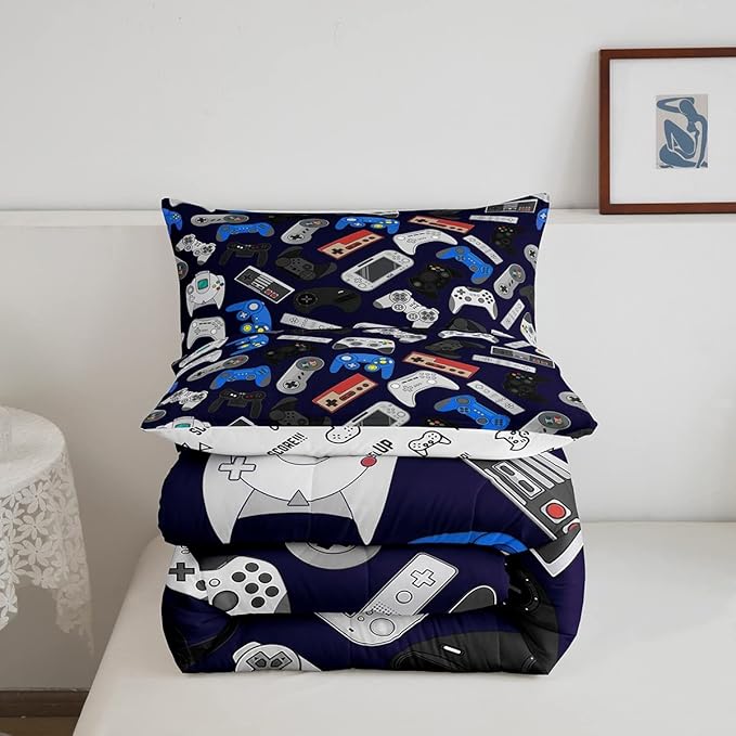 Erosebridal Teens Gamer Comforter Set King Size, Modern Game Down Comforter for Kids Boys Children, Video Game Bedding Set,Player Gaming Gamepad Joystick Soft Quilt Set Room Decor - LeafyLoom