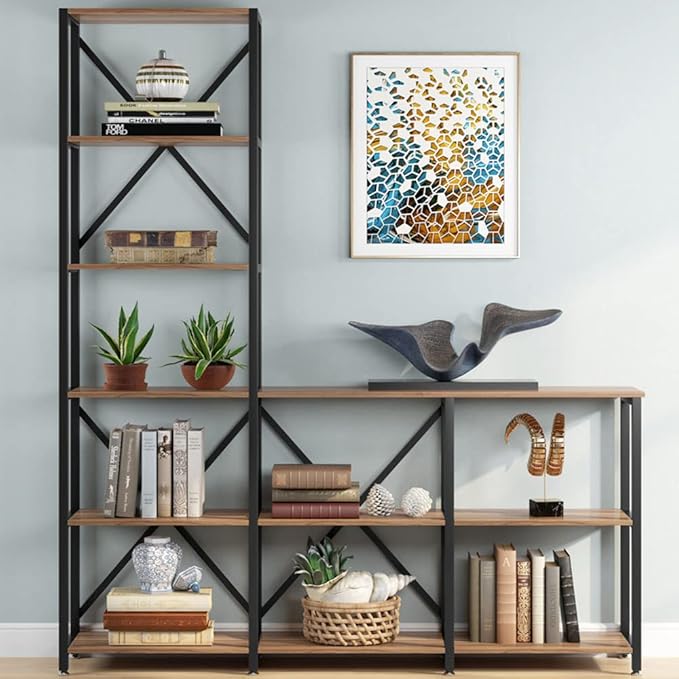 Tribesigns 9 Shelves Bookshelves, Industrial Ladder Corner Etagere Bookcase, Rustic 6-Tier Display Open Shelf Storage Organizer for Living Room - LeafyLoom