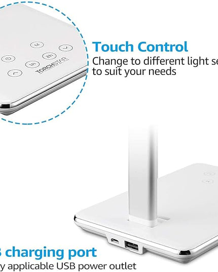 TORCHSTAR LED Desk Lamp, Dimmable Desk Lights for Reading, Table Lamps with USB Charging Port, Touch Control, 3 Color Modes, Fully Adjustable Brightness, Dorm Room, 1 & 2 Hour Auto Timer, White - LeafyLoom