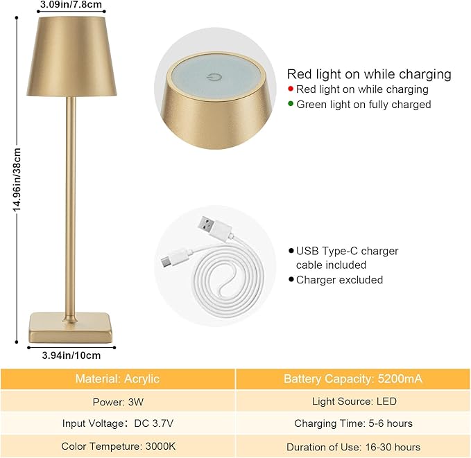 2 Pack Cordless Table Lamp Rechargeable LED Desk Lamp 5200mAh Aluminum Shell Battery Lamps Stepless Dimmable Portable Table Lights for Dinner/Restaurant/Outdoor IP54 Waterproof Gold - LeafyLoom