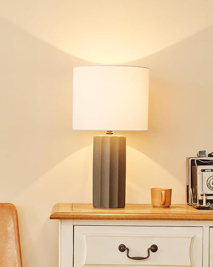 Globe Electric 61000061 20" Ribbed Ceramic Table Lamp, Dark Gray Concrete Finish, White Linen Shade, On/Off Rotary Switch on Socket, for Living Room, Bedroom, Office, Home Décor - LeafyLoom