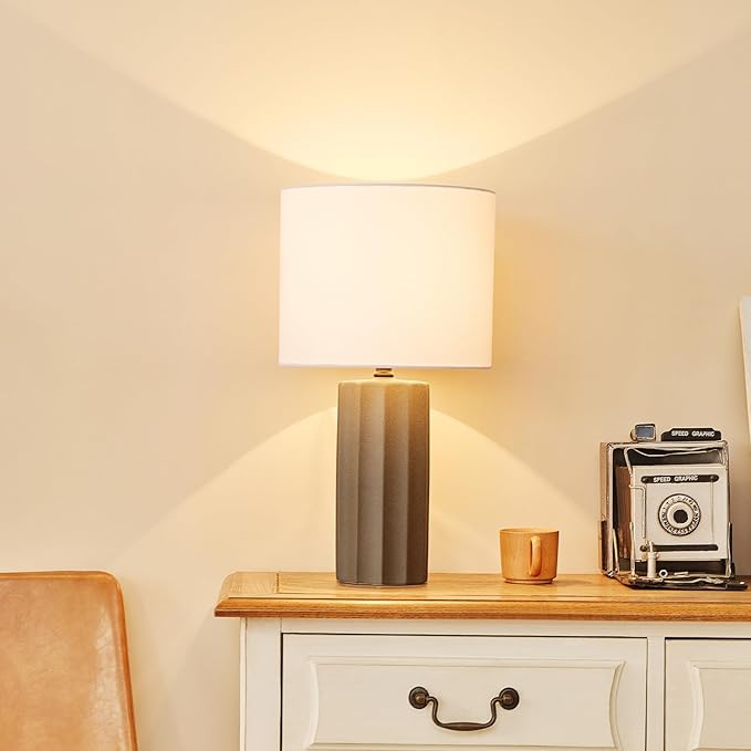 Globe Electric 61000061 20" Ribbed Ceramic Table Lamp, Dark Gray Concrete Finish, White Linen Shade, On/Off Rotary Switch on Socket, for Living Room, Bedroom, Office, Home Décor - LeafyLoom