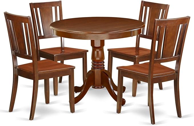 East West Furniture ANDU5-MAH-W Antique 5 Piece Kitchen Set Includes a Round Room Table with Pedestal and 4 Dining Chairs, 36x36 Inch, Mahogany - LeafyLoom