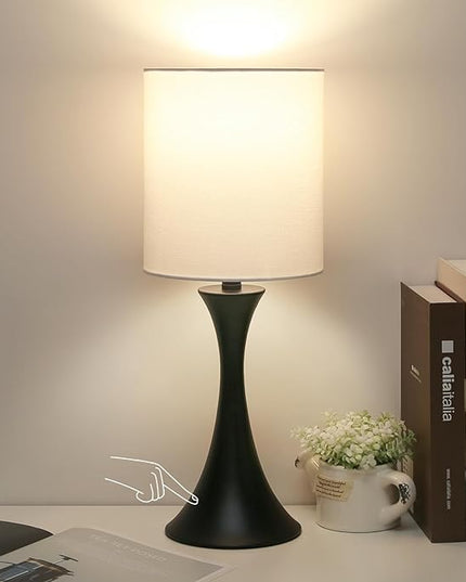 3 Way Touch Control Table Lamp, Modern Bedside Lamp for Bedroom, Dimmable Black Nightstand Lamp White Shade Desk Reading Light for Living Room Office Dorm, 3000K LED Bulb Included - LeafyLoom