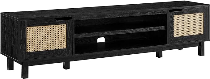 Walker Edison Destin Modern Minimal Rattan-Door Stand for TVs up to 80 Inches, 70 Inch, Black - LeafyLoom