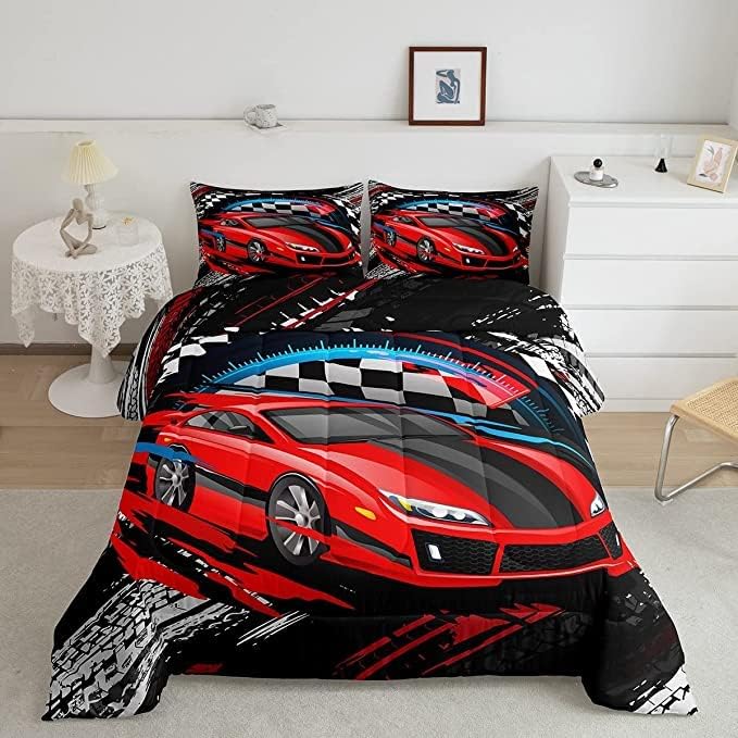 Car Bedding Set for Boys King Size Racing Sports Car Comforter Kids Extreme Sports Comforter Set Girls Teens Cool Speed Automobile Decor Bed Duvet Set Soft Lightweight Boys - LeafyLoom