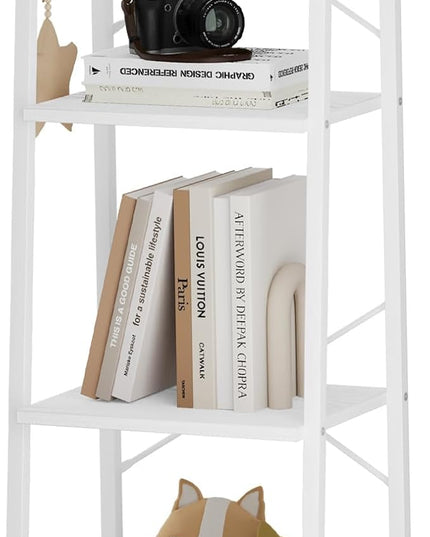 Ladder Shelf, Bookshelf Bookcase, Freestanding Corner Storage Shelve with 2 Hooks for Home Office, Living Room, Kitchen, Bedroom, Industrial, 4-Tier White BC13213W - LeafyLoom