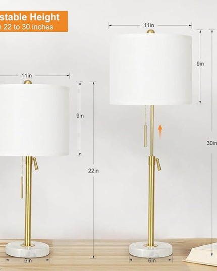 Lamp Modern Set of 2: 22" to 30" Height Adjustable Pull Chain Switch for Living Room Bedroom End Table, Marble Base White Linen Shade Golden Pole Nightstand Lamp Brass for Office, Bedside Table - LeafyLoom