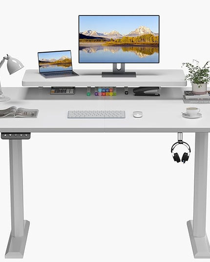 Electric Standing Desk with Monitor Shelf, 47 x 24 Inches Height Adjustable Corner Table, Computer Workstation with Cup Holder and Hook for Home Office, White, 47x24 Inch - LeafyLoom