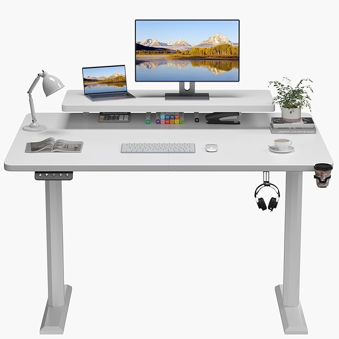 Electric Standing Desk with Monitor Shelf, 47 x 24 Inches Height Adjustable Corner Table, Computer Workstation with Cup Holder and Hook for Home Office, White, 47x24 Inch - LeafyLoom