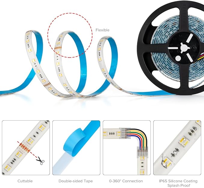BTF-LIGHTING RGBCCT 5 Colors in 1 LED 5050SMD RGBWW RGB+Dimmable Tunable Color Temperature 2700K-6500K 16.4ft 60LEDs/m 300LEDs DC24V Multi-Colored Tape Lights IP65 White PCB(No Adapter or Controller) BTF-LIGHTING
