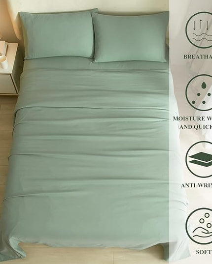 HighBuy Twin Bed Sheets Set - 3 Piece Bedding - Sage Green Washed Microfiber Sheets Twin,Breathale Sheets Shrinkage and Fade Resistant - Deep Pocket 16 Inch - Easy Fit Fitted Sheet,Pillowcases Set - LeafyLoom