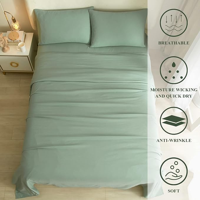 HighBuy Twin Bed Sheets Set - 3 Piece Bedding - Sage Green Washed Microfiber Sheets Twin,Breathale Sheets Shrinkage and Fade Resistant - Deep Pocket 16 Inch - Easy Fit Fitted Sheet,Pillowcases Set - LeafyLoom