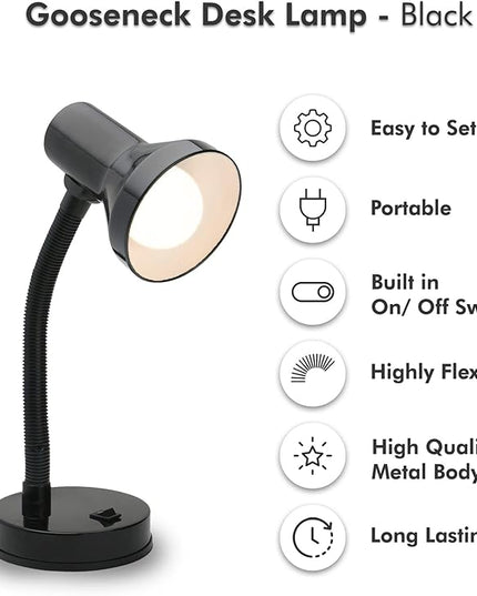 Xtricity Gooseneck Desk Lamps with Adjustable Gooseneck Arm, Metal Desk Lamp with 7W A19 LED Bulb, 120 Volt, Convenient On/Off Switch, 14" Inch Tall (36cm), Black Finish - LeafyLoom