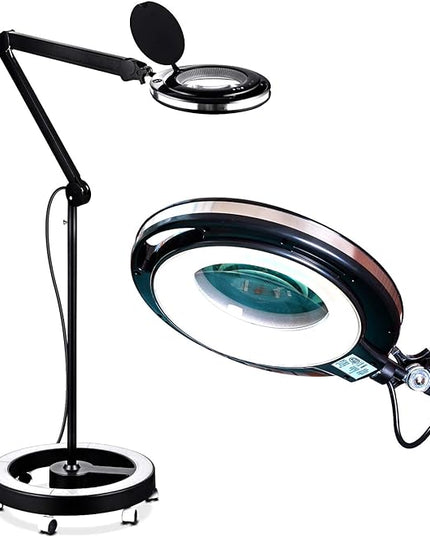 Brightech Lightview Pro Magnifying Glass with Stand & Light, Magnifying Floor Lamp with 6-Wheel Rolling Base for Facials & Lashes – Dimmable LED Work Light for Crafts, Sewing, and Projects - 5 Diopter - LeafyLoom