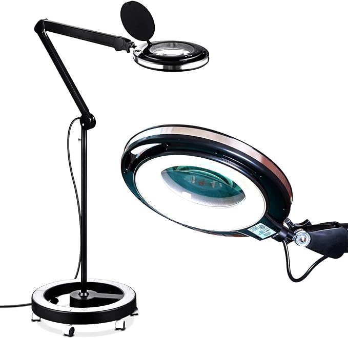 Brightech Lightview Pro Magnifying Glass with Stand & Light, Magnifying Floor Lamp with 6-Wheel Rolling Base for Facials & Lashes – Dimmable LED Work Light for Crafts, Sewing, and Projects - 5 Diopter - LeafyLoom