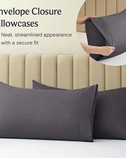 LuxClub 7 PC Split King Sheet Set, Breathable Luxury Bed Sheets, Deep Pockets 18" Eco Friendly Wrinkle Free Cooling Sheets Machine Washable Hotel Bedding Silky Soft - Dark Grey Split King - LeafyLoom
