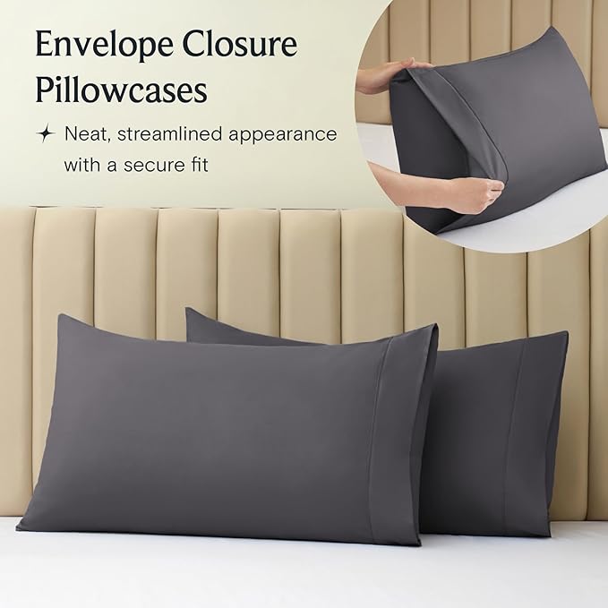 LuxClub 7 PC Split King Sheet Set, Breathable Luxury Bed Sheets, Deep Pockets 18" Eco Friendly Wrinkle Free Cooling Sheets Machine Washable Hotel Bedding Silky Soft - Dark Grey Split King - LeafyLoom