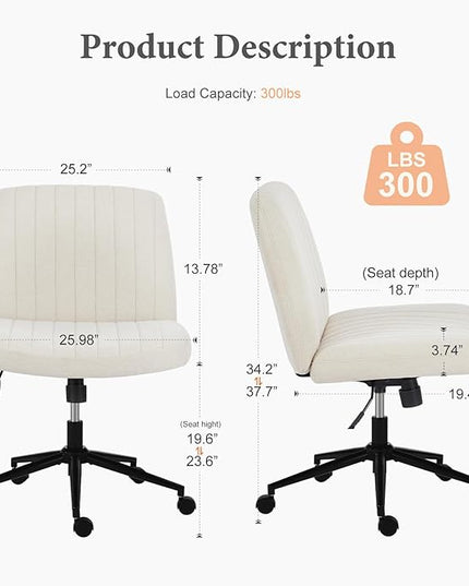 Sweetcrispy Criss Cross Chair Legged, Armless Office Desk Chair with Wheels, Swivel Vanity Chair, Height Adjustable Wide Seat Computer Task Chair, Fabric Vanity Modern Home Chair White - LeafyLoom