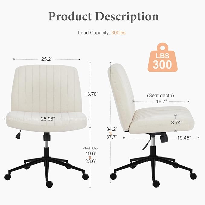 Sweetcrispy Criss Cross Chair Legged, Armless Office Desk Chair with Wheels, Swivel Vanity Chair, Height Adjustable Wide Seat Computer Task Chair, Fabric Vanity Modern Home Chair White - LeafyLoom