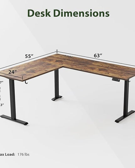 L Shaped Standing Desk Adjustable Height, Electric Corner Standing Desk, 63 x 55 inch Sit Stand Computer Table with Splice Board, Rustic Brown - LeafyLoom