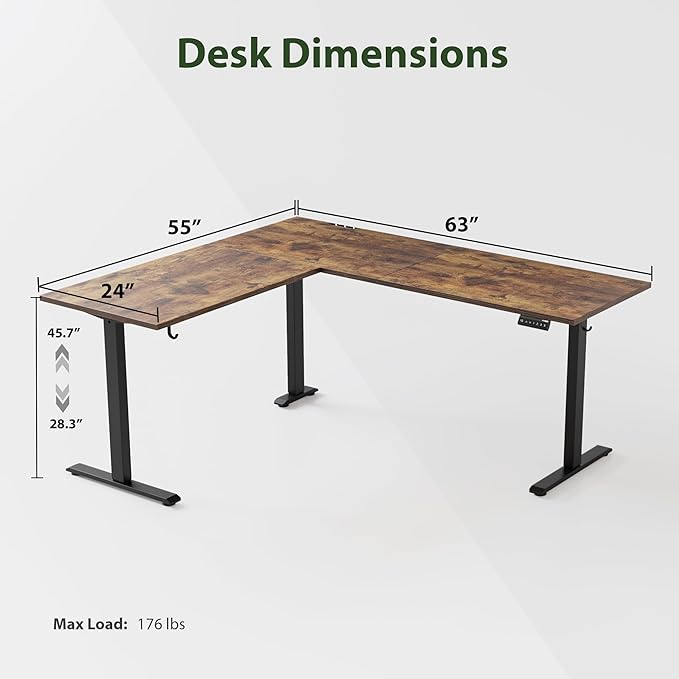 L Shaped Standing Desk Adjustable Height, Electric Corner Standing Desk, 63 x 55 inch Sit Stand Computer Table with Splice Board, Rustic Brown - LeafyLoom